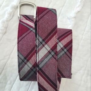 Lands' End Plaid Uniform Belt Burgundy & Gray Silver D Ring Buckle Small EUC